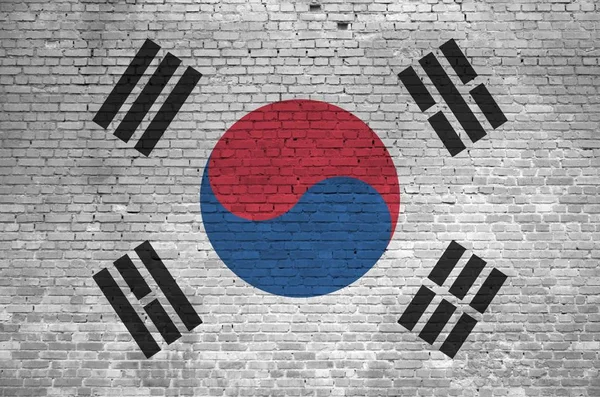 Güney Kore Bayrağı Eski Tuğla Duvarda Boya Renkleriyle Resmedilmiş Büyük — Stok fotoğraf