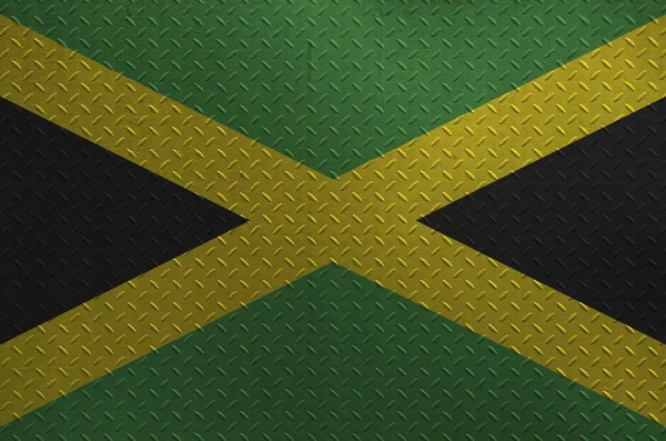 Bandeira Jamaica Retratada Cores Tinta Placa Metal Escovado Velho Parede — Fotografia de Stock