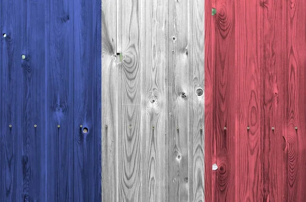 Bandeira França Retratada Cores Tinta Brilhante Parede Madeira Velha Perto — Fotografia de Stock