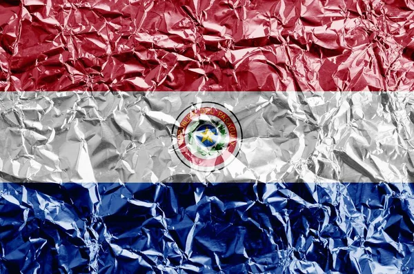 Paraguay Zászló Festett Színek Fényes Gyűrött Alumínium Fólia Közeli Texturált — Stock Fotó