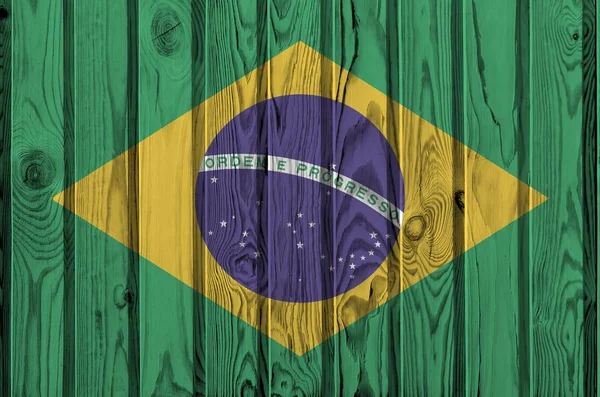 Brazilië Vlag Afgebeeld Heldere Verf Kleuren Oude Houten Muur Close — Stockfoto