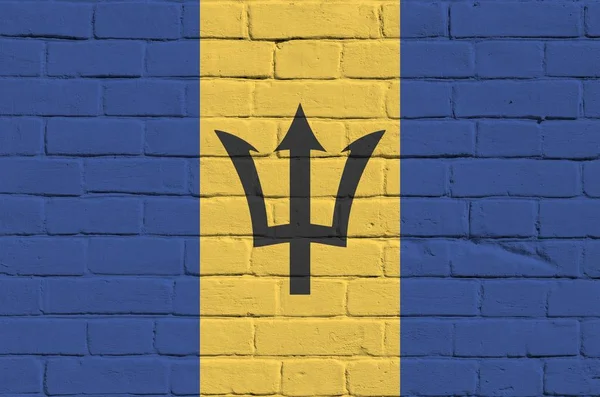 Barbados Flagga Avbildad Färg Färger Gamla Tegelvägg Närbild Texturerad Banner — Stockfoto