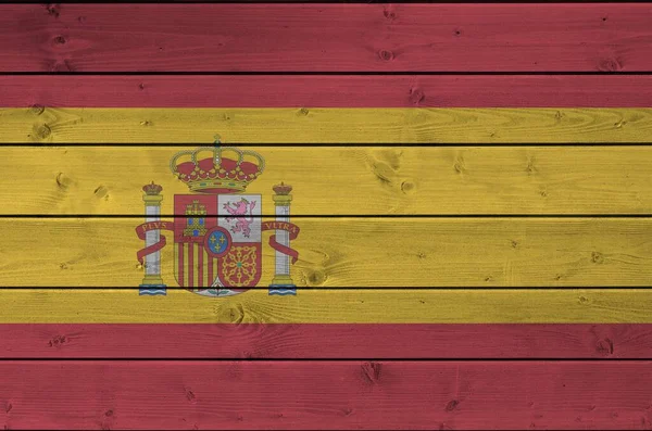 Španělská Vlajka Vyobrazená Jasných Barvách Staré Dřevěné Stěně Zblízka Texturovaný — Stock fotografie