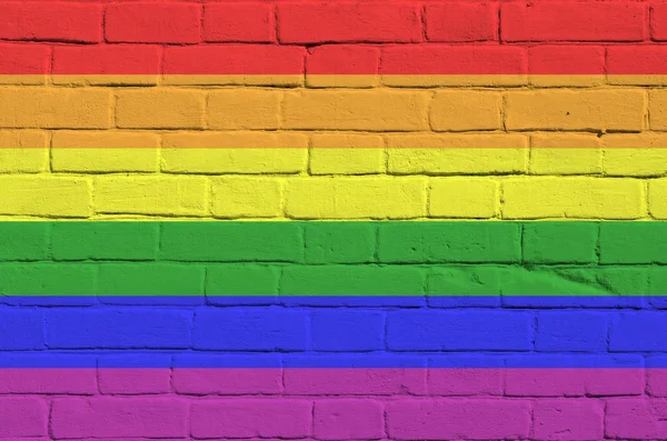 Lgbt Közösségi Zászló Festett Színek Régi Téglafal Közeli Texturált Banner — Stock Fotó