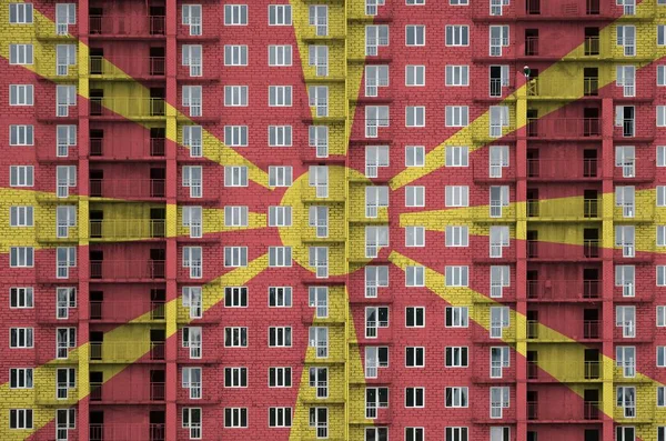 Mazedonien Flagge Lackfarben Auf Mehrstöckigem Wohnhaus Bau Texturiertes Banner Auf — Stockfoto
