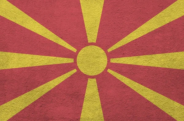 Bandera Macedonia Representada Colores Pintura Brillantes Pared Yeso Relieve Viejo — Foto de Stock