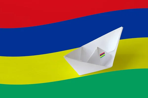 Mauritius Flag Depicted Paper Origami Ship Closeup Oriental Handmade Arts — Stock Photo, Image