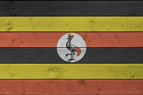 Uganda Flagge Hellen Farbtönen Alter Holzwand Großaufnahme Texturiertes Banner Auf — Stockfoto