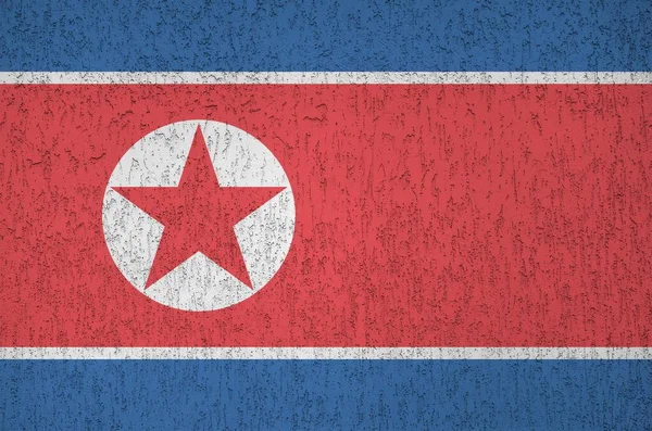 Bandeira Coreia Norte Retratada Cores Tinta Brilhantes Parede Reboco Relevo — Fotografia de Stock