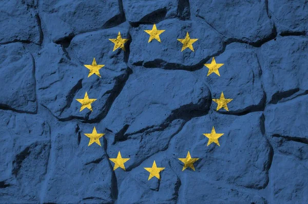 Flaga Unii Europejskiej Przedstawiona Kolorach Farby Starych Kamiennych Ścianach Bliska — Zdjęcie stockowe