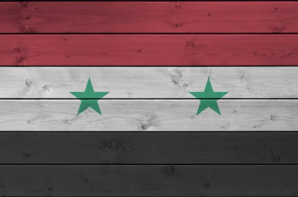 Флаг Сирии Изображен Ярких Красках Старой Деревянной Стене Крупным Планом — стоковое фото