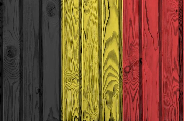 Belgium Flag Depicted Bright Paint Colors Old Wooden Wall Close — Stock Photo, Image