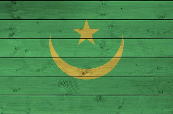 Mauritania Flag Depicted Bright Paint Colors Old Wooden Wall Close — Stock Photo, Image