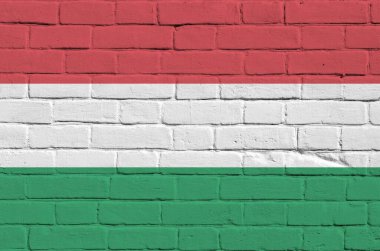 Macaristan bayrağı, eski tuğla duvardaki boya renkleriyle tasvir edilmiş. Büyük tuğla duvarlı arka planda desenli afiş
