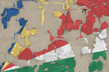 Seyşeller bayrağı, eski, dağınık beton duvarda boya renkleriyle tasvir edilmiş. Kabataslak arkaplanda desenli pankart