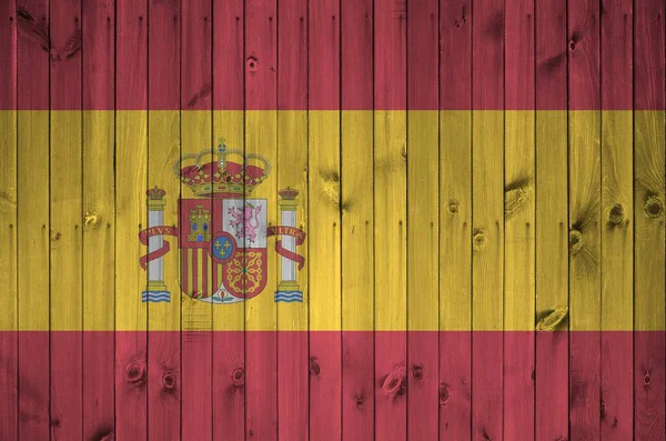 Spanien Flagga Avbildad Ljusa Färg Färger Gamla Trävägg Närbild Texturerad — Stockfoto