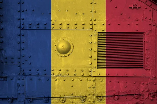 Die Rumänische Flagge Auf Einem Teil Des Panzers Großaufnahme Konzeptioneller — Stockfoto