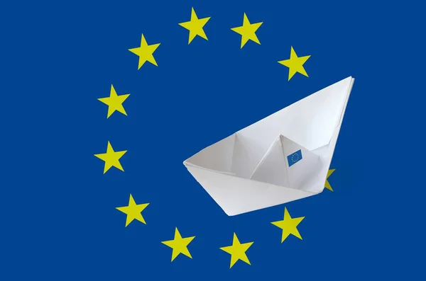 European Union Flag Depicted Paper Origami Ship Closeup Oriental Handmade — Stock Photo, Image