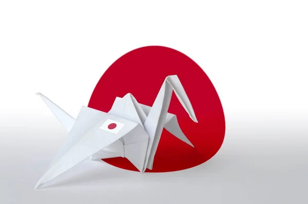 Japonská Vlajka Vyobrazená Papírovém Křídle Origami Jeřábu Orientální Ruční Umělecký — Stock fotografie