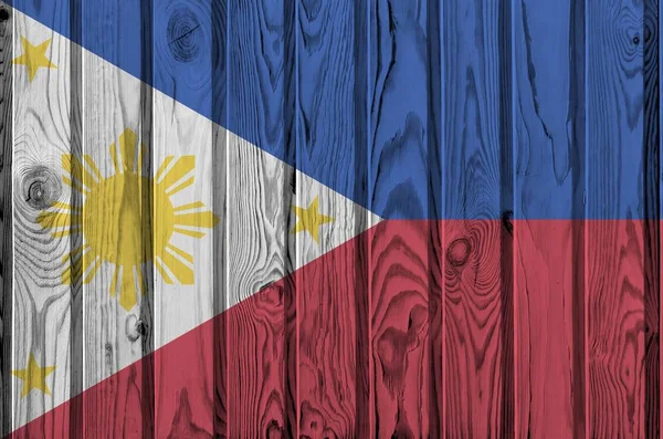 Philippinische Flagge Hellen Farbtönen Alter Holzwand Großaufnahme Texturiertes Banner Auf — Stockfoto