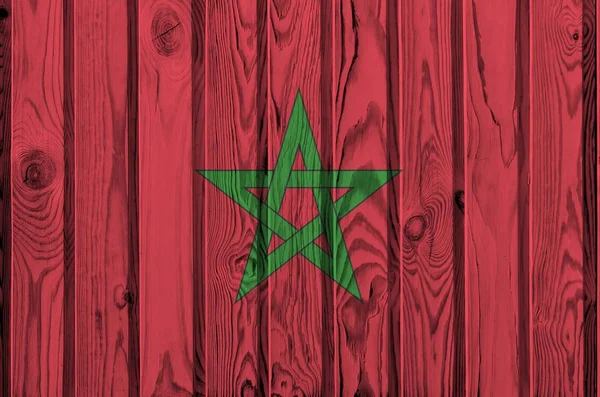 Bandeira Marrocos Retratada Cores Tinta Brilhante Parede Madeira Velha Perto — Fotografia de Stock