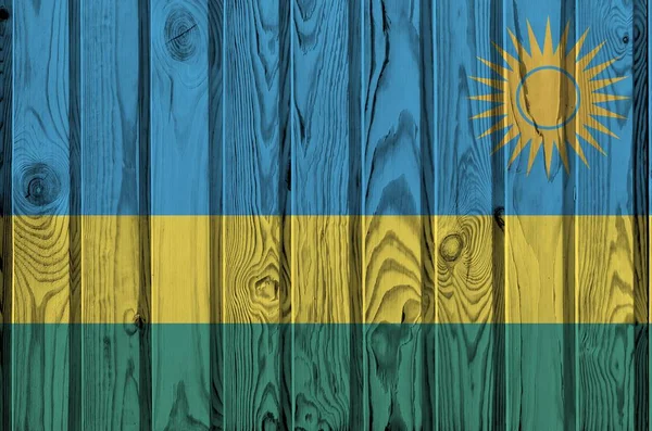 Flaga Rwandy Przedstawiona Jasnych Kolorach Farby Starych Drewnianych Ścianach Bliska — Zdjęcie stockowe