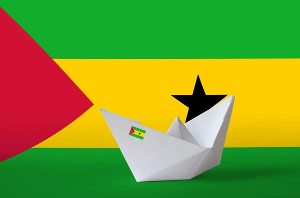 Sao Tome Principe Flag Depicted Paper Origami Ship Closeup Oriental — Stock Photo, Image