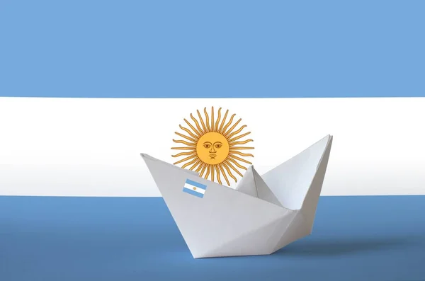 Bandeira Argentina Retratada Papel Origami Navio Closeup Oriental Artesanal Artes — Fotografia de Stock