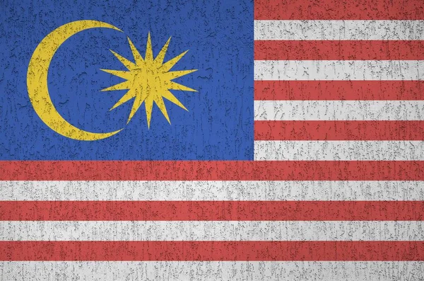 Malezja Flaga Przedstawiony Jasnych Kolorach Farby Starej Ściany Tynkarskiej Płaskorzeźby — Zdjęcie stockowe