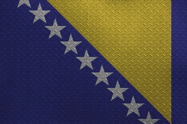 Σημαία Βοσνίας Και Ερζεγοβίνης Απεικονίζεται Χρώματα Μπογιάς Παλιά Βουρτσισμένη Μεταλλική — Φωτογραφία Αρχείου