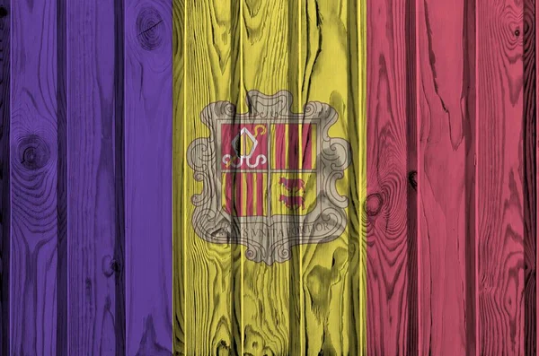 Bandeira Andorra Retratada Cores Pintura Brilhantes Parede Madeira Velha Perto — Fotografia de Stock