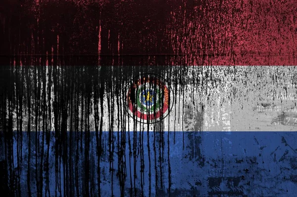 Paraguay flag depicted in paint colors on old and dirty oil barrel wall close up. Textured banner on rough background