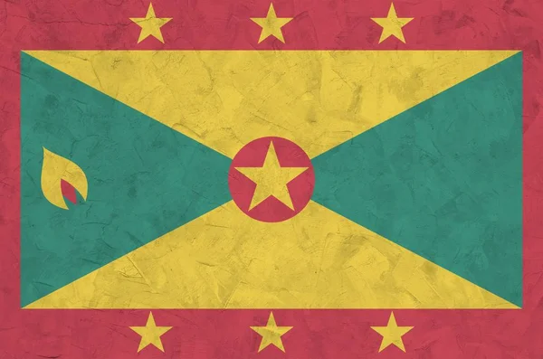 Grenada Flagge Hellen Farbtönen Auf Alten Reliefputzwänden Großaufnahme Texturiertes Banner — Stockfoto