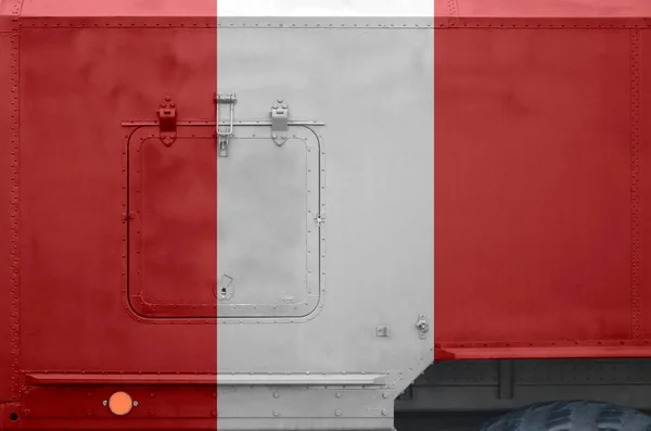 Peru Flagga Avbildas Sidan Del Militära Pansarbil Närbild Army Krafter — Stockfoto