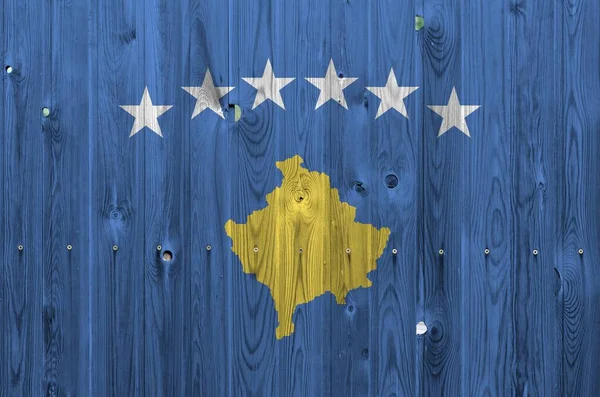 Drapeau Kosovo Représenté Couleurs Vives Sur Vieux Mur Bois Bannière — Photo