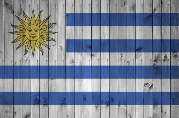 Bandeira Uruguai Retratada Cores Tinta Brilhante Parede Madeira Velha Fechar — Fotografia de Stock