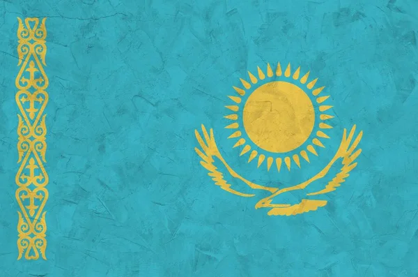 Bandera Kazajstán Representada Colores Pintura Brillantes Antigua Pared Yeso Relieve — Foto de Stock