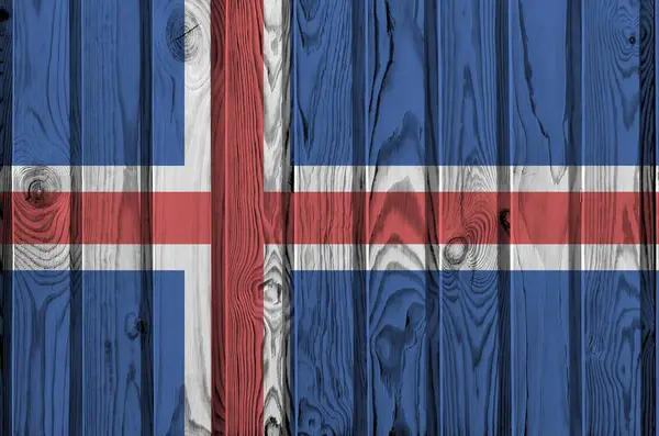 Bandeira Islândia Retratada Cores Tinta Brilhante Parede Madeira Velha Perto — Fotografia de Stock