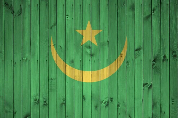 Mauritania Flag Depicted Bright Paint Colors Old Wooden Wall Close — Stock Photo, Image