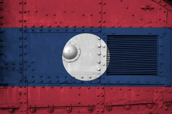 Laos Flagga Avbildas Sidan Del Militär Pansarvagn Närbild Arméns Styrkor — Stockfoto