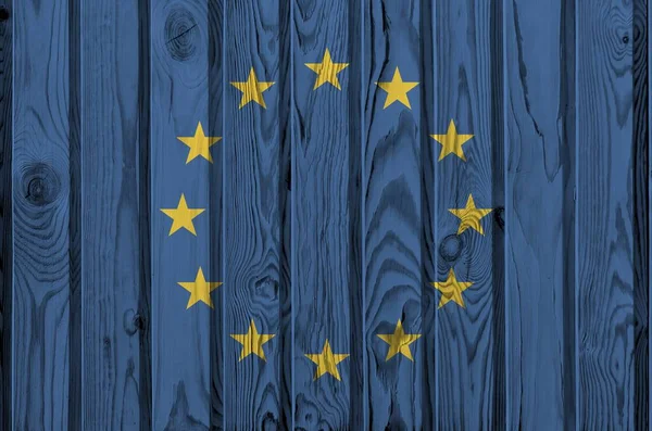 Europeiska Unionen Flagga Skildras Ljusa Färg Färger Gamla Trävägg Närbild — Stockfoto