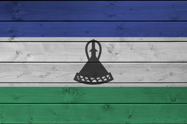 Flaga Lesotho Przedstawiona Jasnych Kolorach Farby Starych Drewnianych Ścianach Bliska — Zdjęcie stockowe