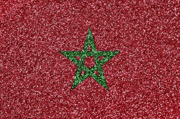 Bandeira Marrocos Retratada Muitas Pequenas Lantejoulas Brilhantes Fundo Colorido Festival — Fotografia de Stock