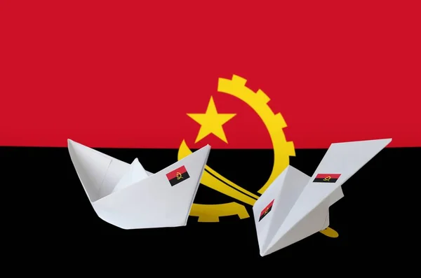 Angola Flag Depicted Paper Origami Airplane Boat Oriental Handmade Arts — Stock Photo, Image