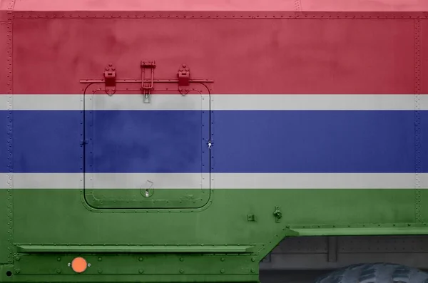 Gambia Flagge Auf Einem Teil Eines Gepanzerten Militärlastwagens Großaufnahme Armee — Stockfoto