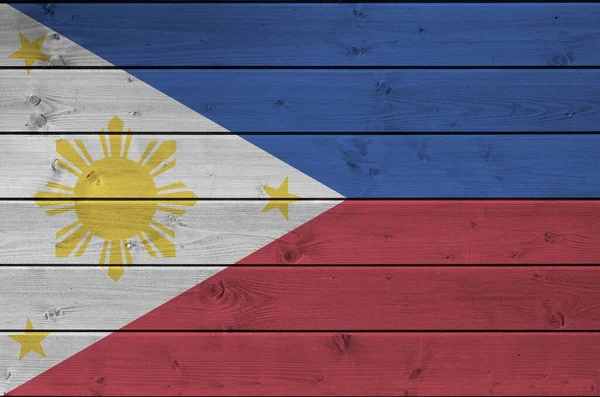 Philippines Flag Depicted Bright Paint Colors Old Wooden Wall Close — Stock Photo, Image