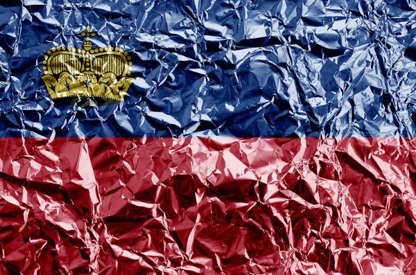 Liechtenstein Flagga Avbildad Färg Färger Blanka Skrynkliga Skrynkliga Aluminiumfolie Närbild — Stockfoto