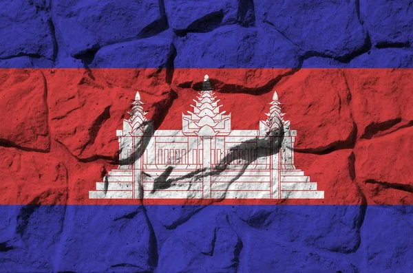 Kamboçya Bayrağı Eski Taş Duvardaki Boya Renkleriyle Tasvir Edilmiş Kayalık — Stok fotoğraf