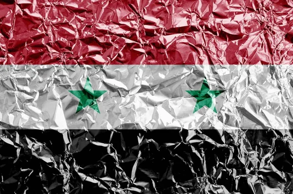 Bandera Siria Representada Colores Pintura Sobre Papel Aluminio Arrugado Brillante — Foto de Stock