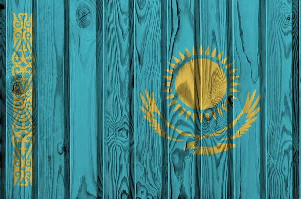 Kazachska Flaga Przedstawiona Jasnych Kolorach Farby Starych Drewnianych Ścianach Bliska — Zdjęcie stockowe